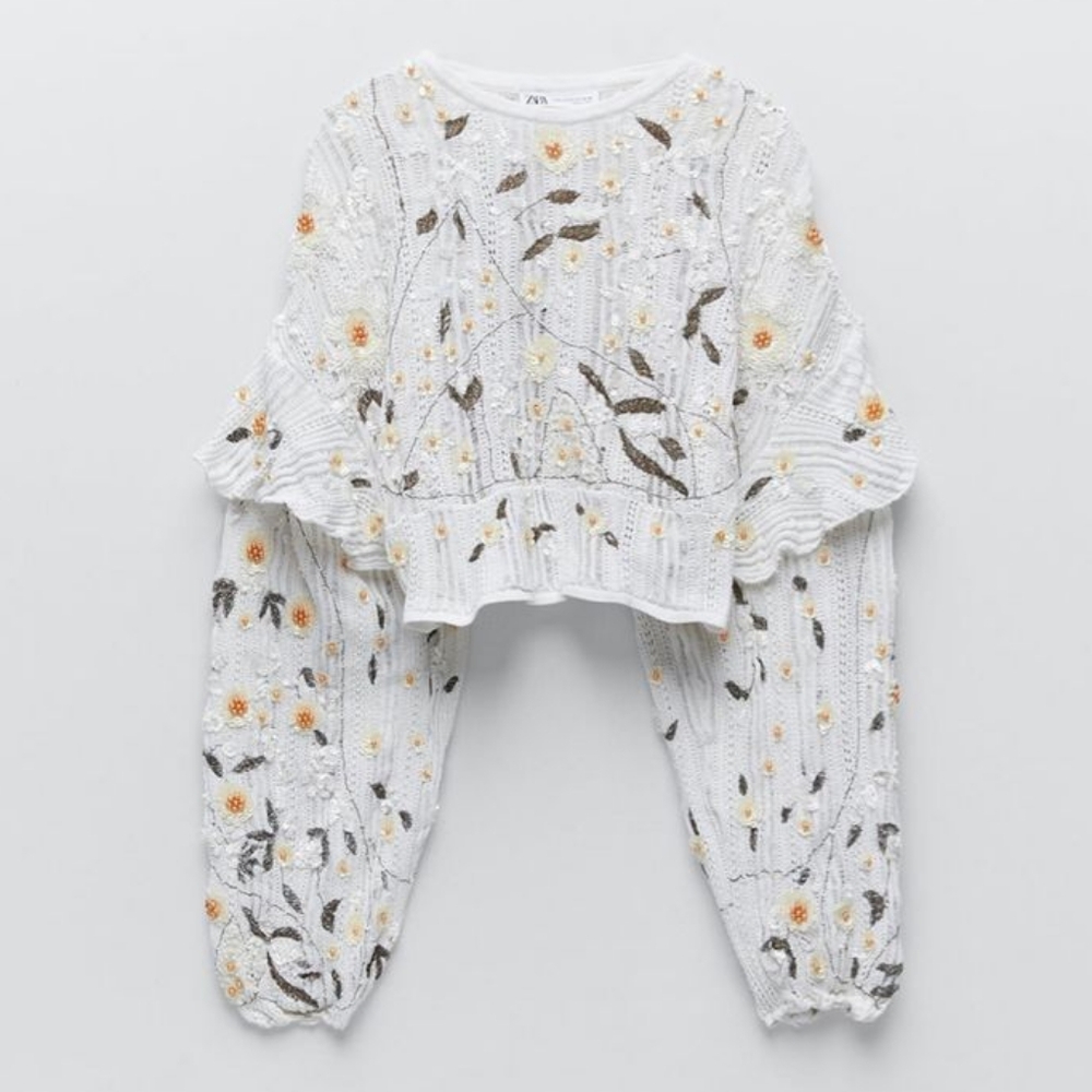 ZARA Sequin Beaded Blouse Lightweight Knit Sweater Top Medium-Large NWT
